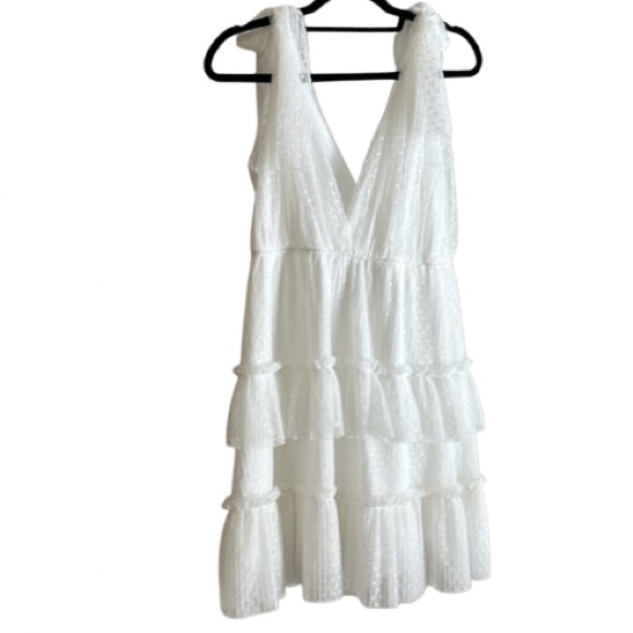 HER EMPIRE White Ruffled Tiered Mini Dress Size Large | Deep V Neck - Picture 3 of 8